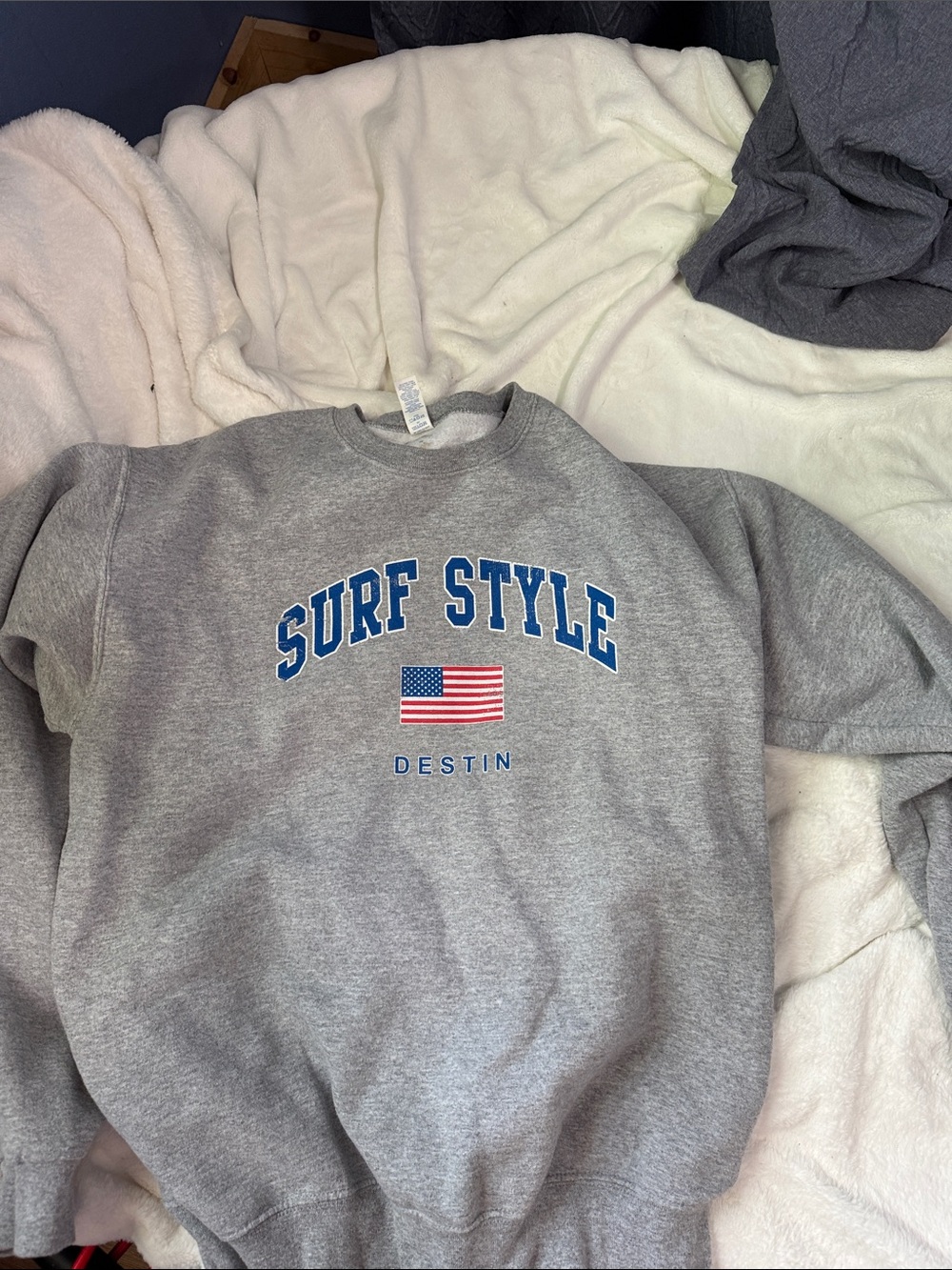 surf style Gray Crewneck Sweatshirt with Blue Logo and Flag